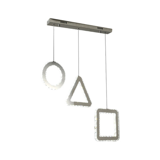 Contemporary LED Pendant Lighting with Clear Crystals and Stainless-Steel, Geometric Design, Linear/Round Canopy