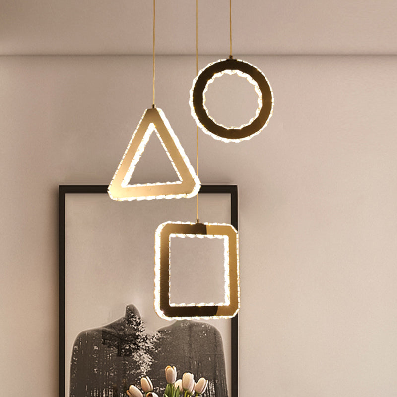 Contemporary LED Pendant Lighting with Clear Crystals and Stainless-Steel, Geometric Design, Linear/Round Canopy