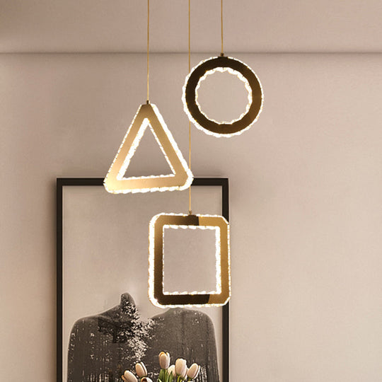 Contemporary LED Pendant Lighting with Clear Crystals and Stainless-Steel, Geometric Design, Linear/Round Canopy
