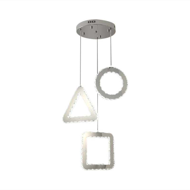 Contemporary LED Pendant Lighting with Clear Crystals and Stainless-Steel, Geometric Design, Linear/Round Canopy