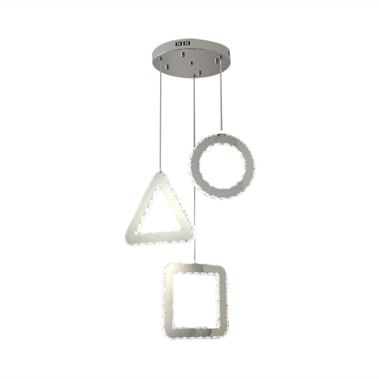 Contemporary LED Pendant Lighting with Clear Crystals and Stainless-Steel, Geometric Design, Linear/Round Canopy