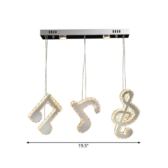 Modern Stainless Steel LED Pendant Light with Clear Crystals and Musical Note Suspension