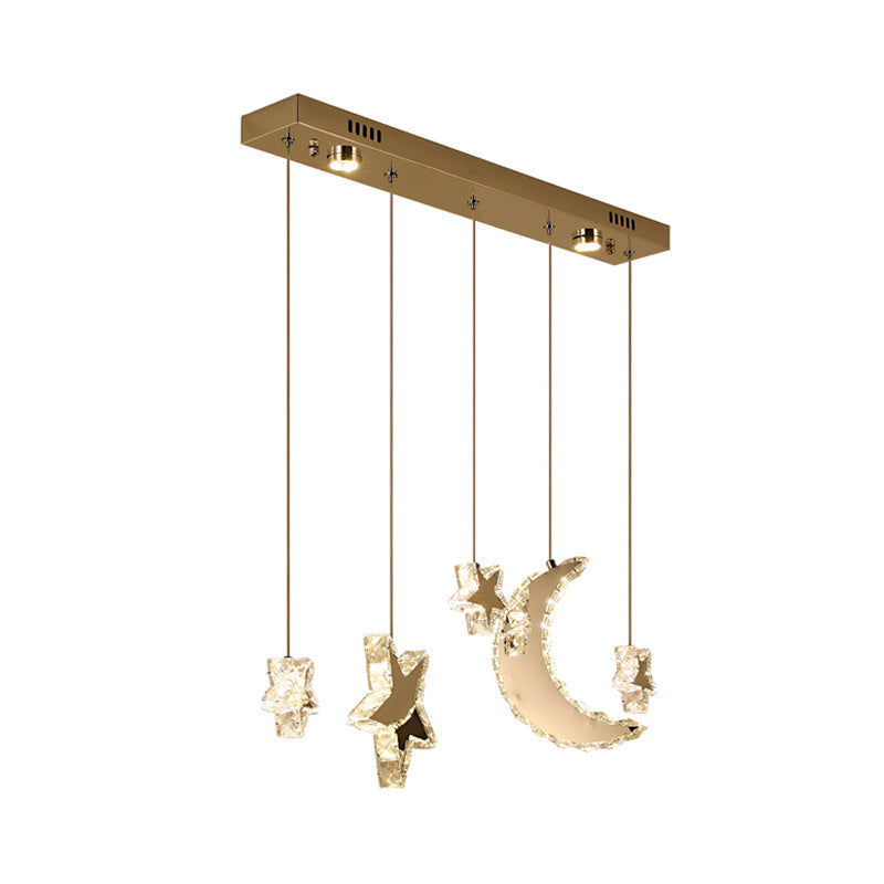 Contemporary LED Pendant Lamp - Moon and Star Bedroom Hanging Light with Clear Crystal Blocks, Stainless-Steel Design