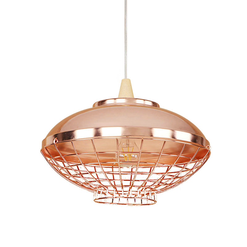 Vintage Rose Gold Pendant Light with Wire Cage - Metallic Shade for Living Room Ceiling