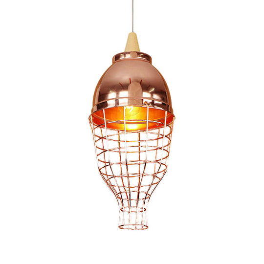 Vintage Metallic Pendant Light - Rose Gold Bowl/Globe/Bottle Shade With Wire Cage For Living Room