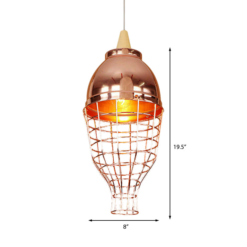 Vintage Metallic Pendant Light - Rose Gold Bowl/Globe/Bottle Shade With Wire Cage For Living Room