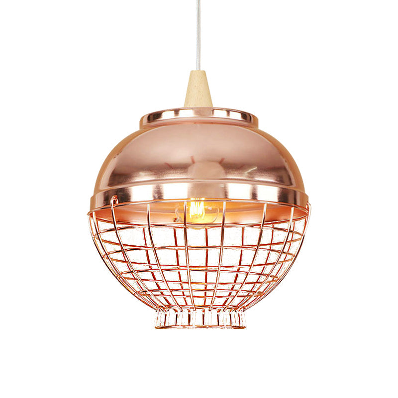 Vintage Metallic Pendant Light - Rose Gold Bowl/Globe/Bottle Shade With Wire Cage For Living Room