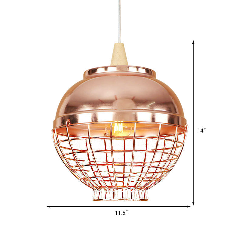 Vintage Rose Gold Pendant Light with Wire Cage - Metallic Shade for Living Room Ceiling