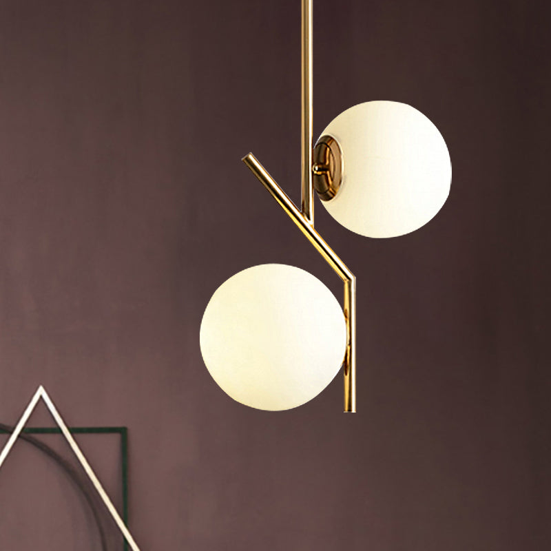 Contemporary Gold Linear Chandelier With 2 White Glass Sphere Lights - Metal Hanging Fixture