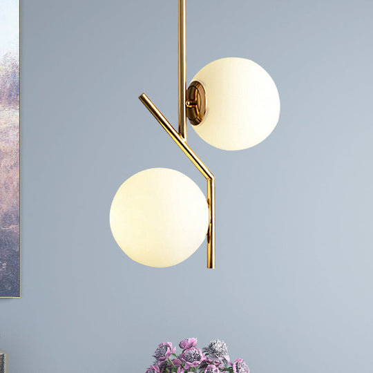 Contemporary Gold Angle Linear Chandelier Lighting - 2 Lights, White Glass Sphere Shade, Metal Hanging Lamp Fixture