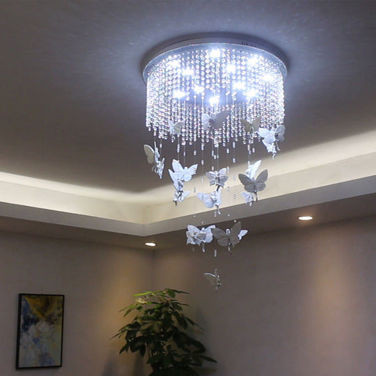 Contemporary Drum Flush Light With Clear Crystal Strand And Led Silver Ceiling Lighting - 19.5/23.5