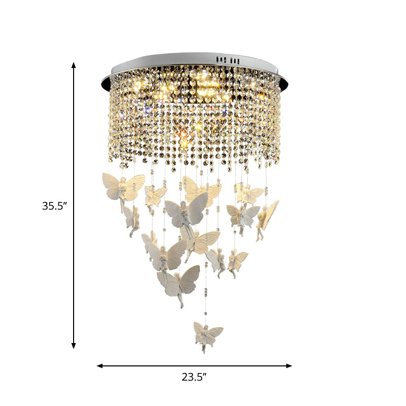 Contemporary Drum Flush Light with Clear Crystal Strand and LED Silver Ceiling Lighting - 19.5"/23.5" W - Warm/White Light Option - Butterfly Fairy Deco