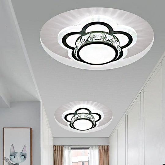 Contemporary LED Drum Ceiling Light with Beveled Crystal in Ivory & Floral Design
