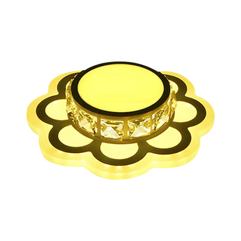 Contemporary LED Drum Ceiling Light with Beveled Crystal in Ivory & Floral Design