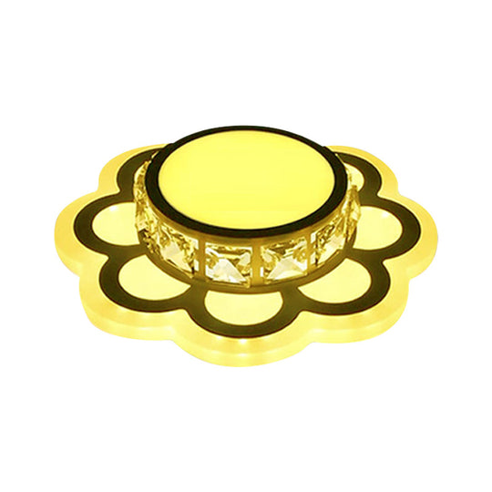 Contemporary LED Drum Ceiling Light with Beveled Crystal in Ivory & Floral Design