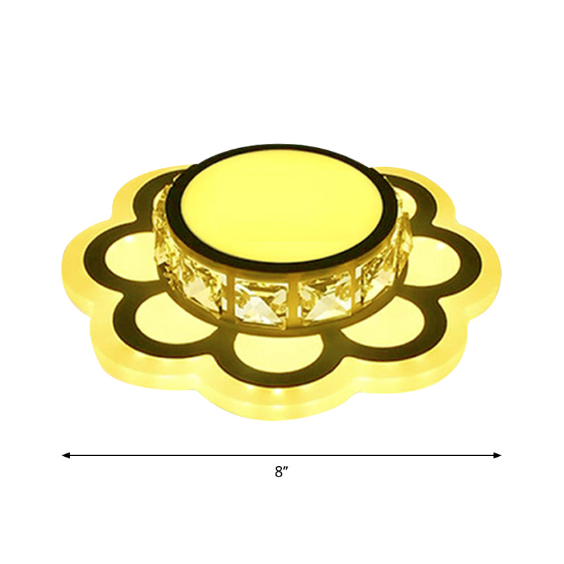 Contemporary LED Drum Ceiling Light with Beveled Crystal in Ivory & Floral Design