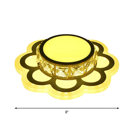 Contemporary LED Drum Ceiling Light with Beveled Crystal in Ivory & Floral Design