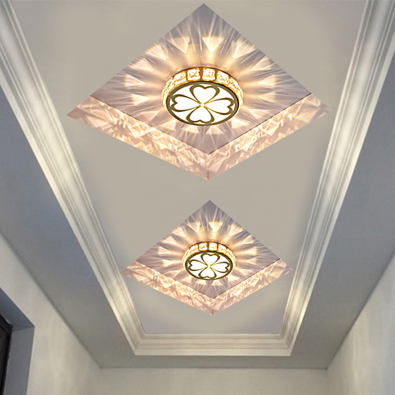 Plafonnier LED moderne à encastrer en or avec cristal à facettes transparent, motif trèfle et lumière multicolore