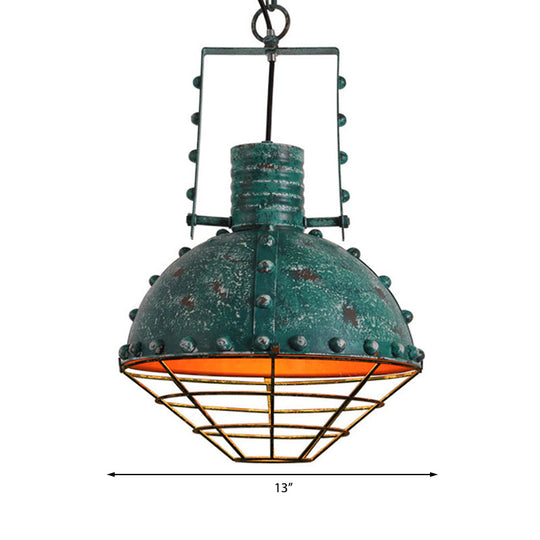 Metal Ceiling Hanging Light: Rustic Wrought Iron Pendant Lamp with Wire Guard and Rivets in Black/Green