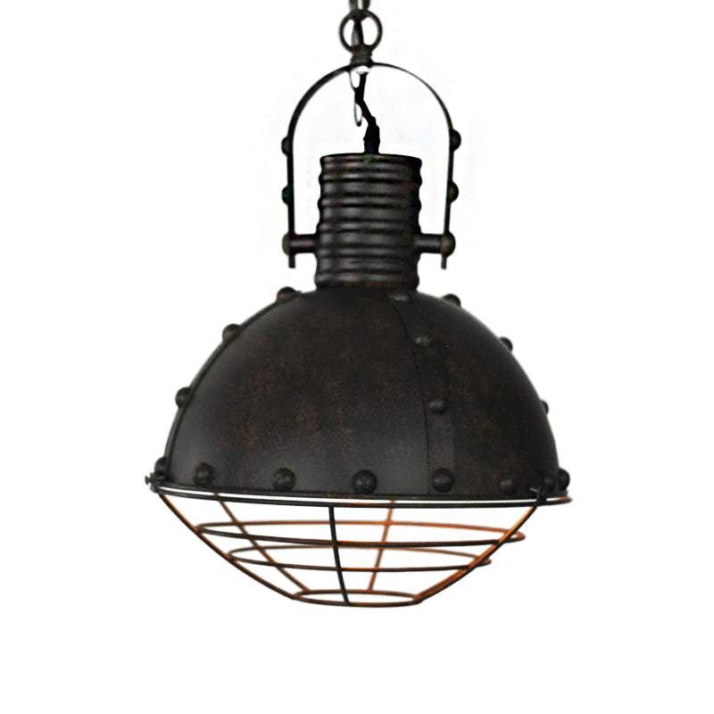 Metal Pendant Lamp With Domed Ceiling Hanging Design Wrought Iron Wire Guard Rivets - Black/Green