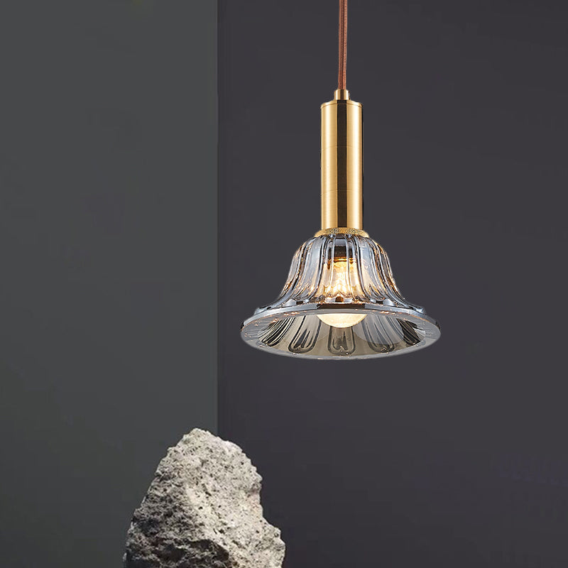 Modern Clear/Smoke Gray/Cognac Crystal Bell Pendant Light Fixture Gold Down Lighting Smoke Gray