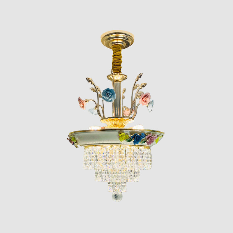 Antiqued Tiers Chandelier - 14/17 W 2-Light Cut Crystal Handmade Rose Trim Blue/Beige