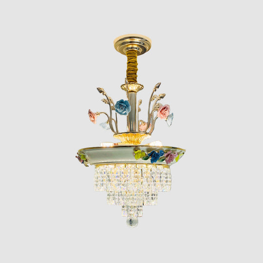 Antiqued Tiers Chandelier - 14/17 W 2-Light Cut Crystal Handmade Rose Trim Blue/Beige