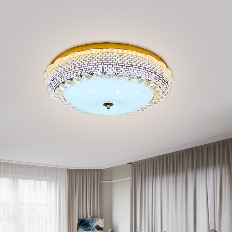 Modern Fishscale/Net Design Gold Drum Led Flushmount With Crystal Accents For Bedroom Ceiling / A