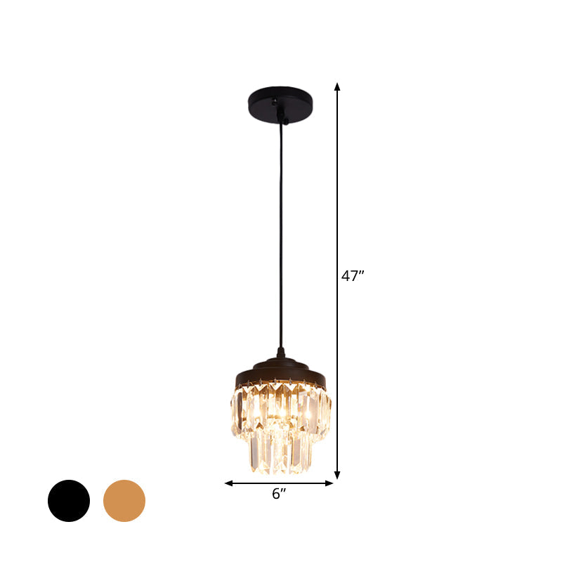Modern 2-Tier Crystal Pendant Light with 1 Bulb, Corridor Ceiling Suspension Lamp in Black/Gold