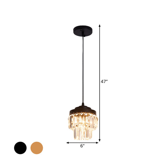 Modern 2-Tier Crystal Pendant Light with 1 Bulb, Corridor Ceiling Suspension Lamp in Black/Gold