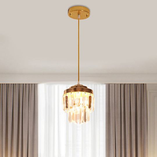 Modern 2-Tier Crystal Pendant Light with 1 Bulb, Corridor Ceiling Suspension Lamp in Black/Gold