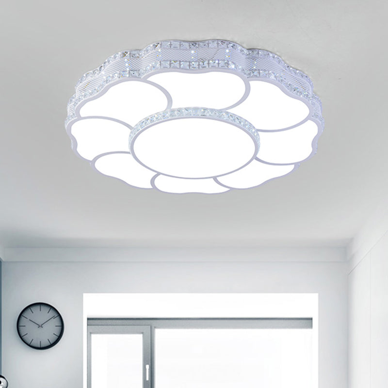 Contemporary Blossom LED Flush Light with Faceted Crystals - 23.5"/19.5" Wide, White