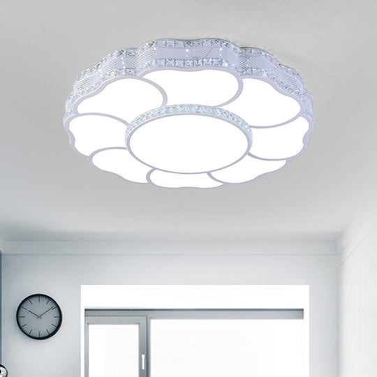 Contemporary Blossom LED Flush Light with Faceted Crystals - 23.5"/19.5" Wide, White