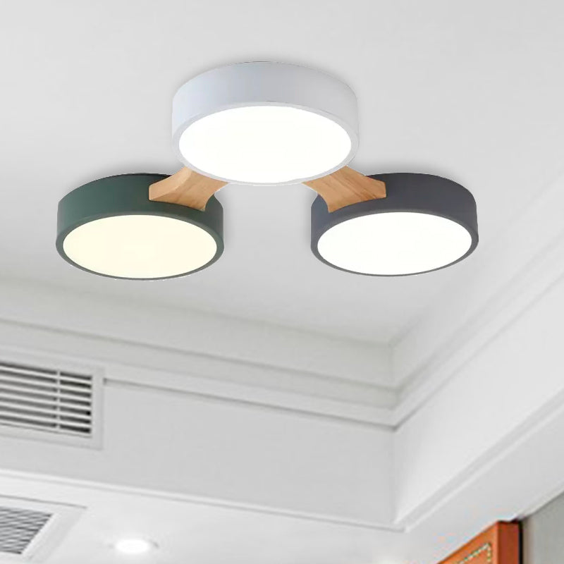Nordic Wood and Metal Flush Ceiling Light - Round, Grey Shade, 3/4/5 Lights, Ideal for Bedroom - Warm/White