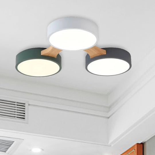 Nordic Wood and Metal Flush Ceiling Light - Round, Grey Shade, 3/4/5 Lights, Ideal for Bedroom - Warm/White