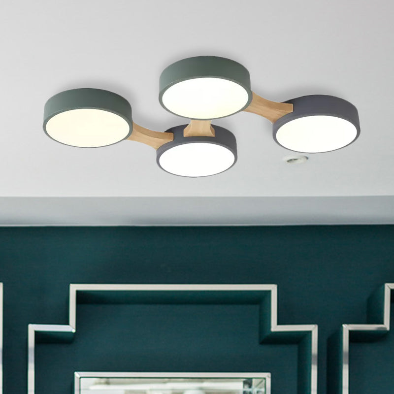 Nordic Wood and Metal Flush Ceiling Light - Round, Grey Shade, 3/4/5 Lights, Ideal for Bedroom - Warm/White