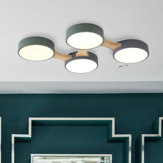 Nordic Wood and Metal Flush Ceiling Light - Round, Grey Shade, 3/4/5 Lights, Ideal for Bedroom - Warm/White