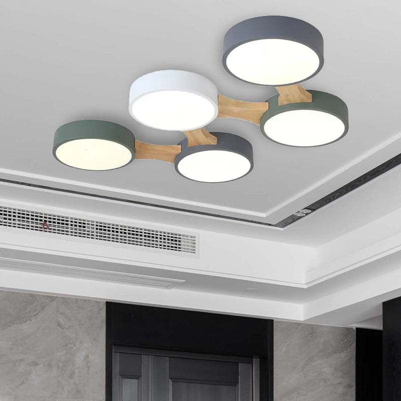 Nordic Wood and Metal Flush Ceiling Light - Round, Grey Shade, 3/4/5 Lights, Ideal for Bedroom - Warm/White