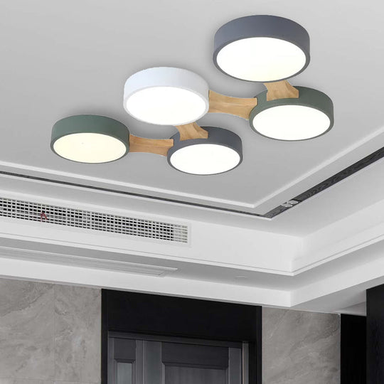 Nordic Wood and Metal Flush Ceiling Light - Round, Grey Shade, 3/4/5 Lights, Ideal for Bedroom - Warm/White