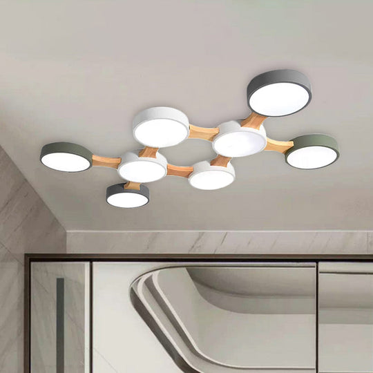 Nordic Wood and Metal Flush Ceiling Light - Round, Grey Shade, 3/4/5 Lights, Ideal for Bedroom - Warm/White