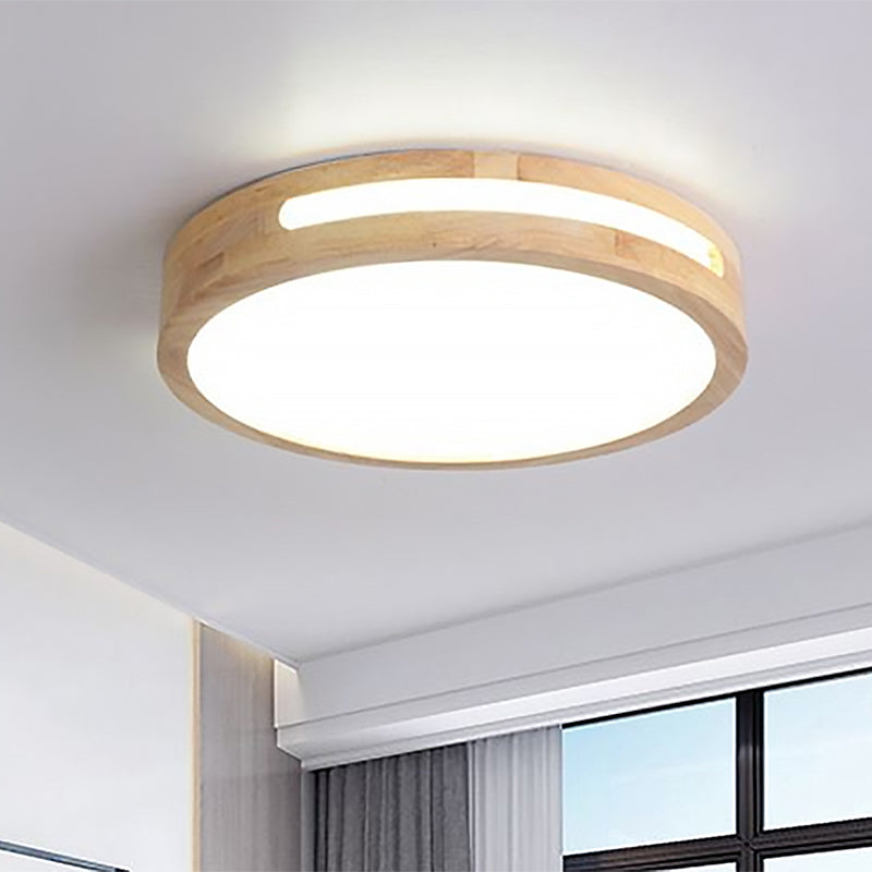Nordic LED Flush Ceiling Light with Natural Wood Drum Design, Warm/White Lighting, 12"/16"/19.5" Diameter
