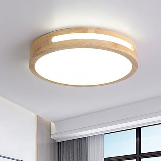 Nordic LED Flush Ceiling Light with Natural Wood Drum Design, Warm/White Lighting, 12"/16"/19.5" Diameter