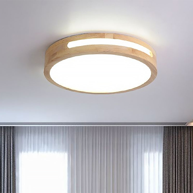 Nordic LED Flush Ceiling Light with Natural Wood Drum Design, Warm/White Lighting, 12"/16"/19.5" Diameter