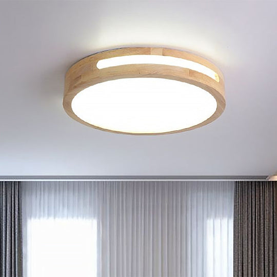 Nordic LED Flush Ceiling Light with Natural Wood Drum Design, Warm/White Lighting, 12"/16"/19.5" Diameter
