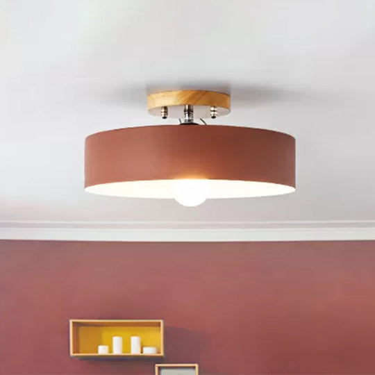 Modern Semi-Mount Drum Light: 1-Light 12" W Metal Fixture in Gray/White/Red/Pink for Living Room Ceiling