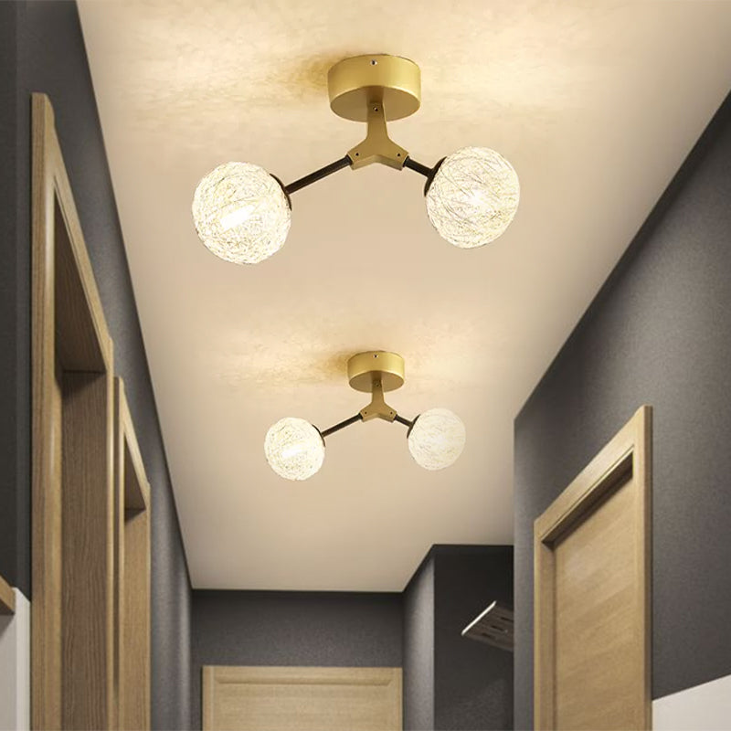 Gold Finish Handwoven Ball Semi Flush Light Fixture - Modern Ceiling Flush Mount