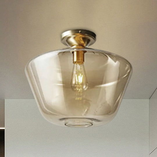 Contemporary Brass Flush Ceiling Fixture with Amber Glass Lampshade