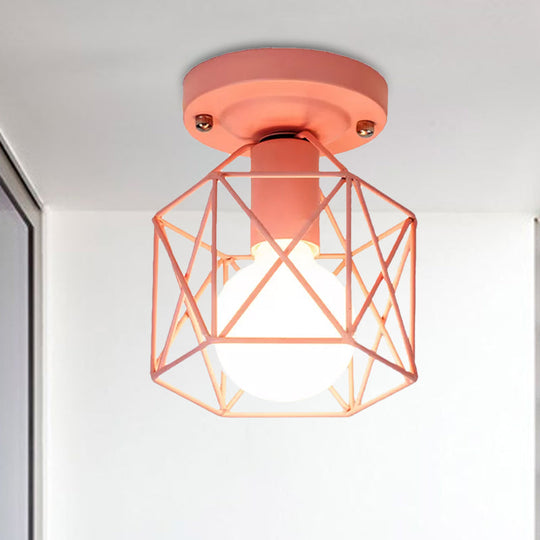 Minimalist Metal Frame Ceiling Mounted Light with White, Pink, and Green Accents - Ideal for Cloakroom
