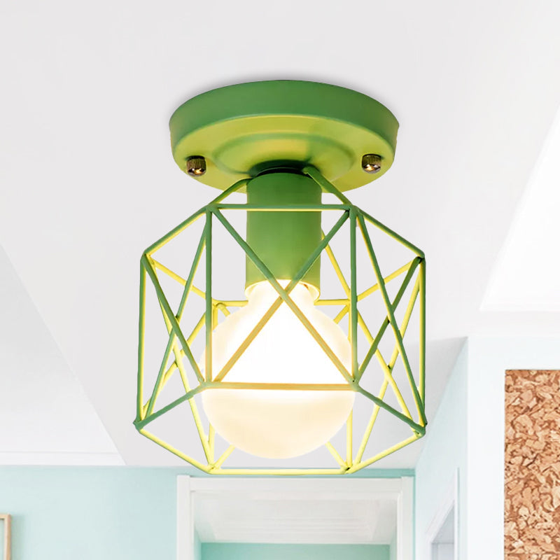 Minimalist Metal Frame Ceiling Mounted Light with White, Pink, and Green Accents - Ideal for Cloakroom