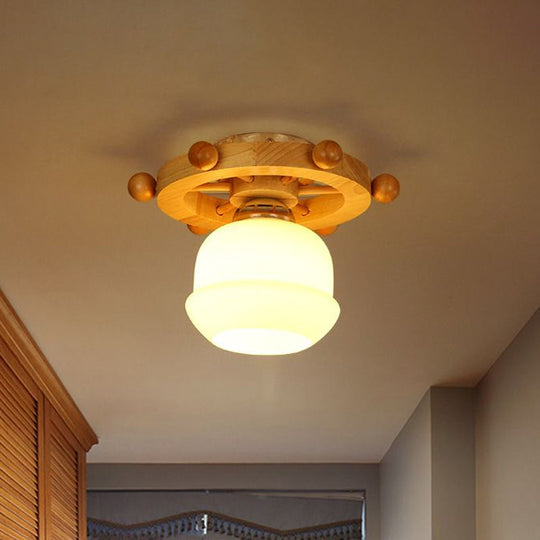 Nordic 1-Light White Glass Flushmount Ceiling Light with Wheel Backplate - Ideal for Bathrooms